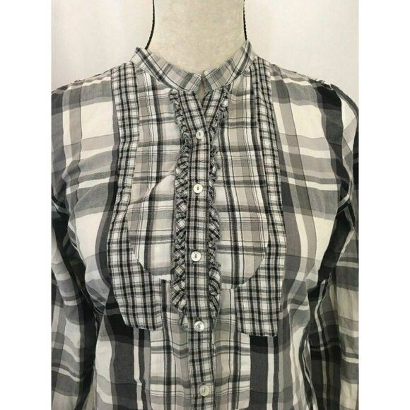 Zara Womens White Gray Black Plaid Long Sleeve Button Down Top Medium - Picture 2 of 6